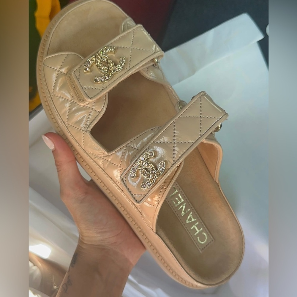 Chanel Light Beige Quilted Slide Slide Sandals With Crystals Size 41